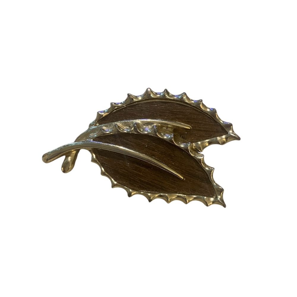 VTG Sarah Coventry Gold and Brown Brooch Pin Double Leaf Jewelry 1970's